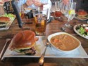 Bacon moose burger and pea soup